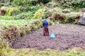 Woman on the field near Phakding in Nepal Royalty Free Stock Photo