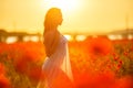 Woman in a field with poppies at sunset, in the sun, soft focus Royalty Free Stock Photo