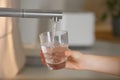 Woman filling glass with tap water from faucet in kitchen, closeup Royalty Free Stock Photo