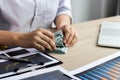 Woman finance worker counting dollars in the office of the finance department. Royalty Free Stock Photo