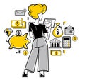 Woman financier working with finances online vector outline illustration, investment and tax and budget managing online on a web