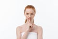 Woman Finger on Mouth, Quiet Lips Silence Sign, Face Beauty and Skin Care Secret.