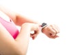 Woman finger touch the sports smart watch