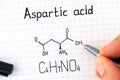 Woman fingers with pen writing Chemical formula of Aspartic acid