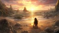 Woman fire sunset ocean beach rocks solitude Royalty Free Stock Photo