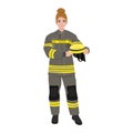 Woman firefighter in uniform portrait. Happy firewoman helmet in hands Royalty Free Stock Photo