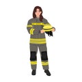 Woman firefighter in uniform portrait. Happy firewoman helmet in hands Royalty Free Stock Photo