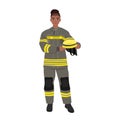 Woman firefighter in uniform portrait. Happy firewoman helmet in hands Royalty Free Stock Photo