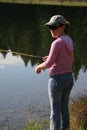 Woman fishing in lake