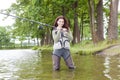 woman fishing in the river in spring Royalty Free Stock Photo