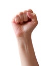 Woman fist isolated om white background. Raised fist as human hand up with protest, victory, strength, power. Counting,