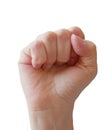 Woman fist isolated om white background. Raised fist as human hand up with protest, victory, strength, power. Counting,