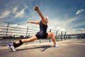 woman fitness instructor doing training summer day city promenade along river