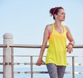 Woman in fitness outfit looking into distance at embankment Royalty Free Stock Photo