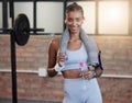 Woman, fitness and portrait smile with water bottle and sweat towel for exercise, workout or training at gym. Happy Royalty Free Stock Photo