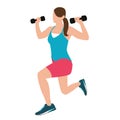 Woman fitness position holding barbells with her hand while squatting