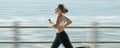 Woman, fitness and speed running by beach on mockup for exercise, workout or cardio routine. Active female runner in Royalty Free Stock Photo