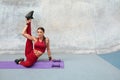 Woman. Fitness Workout For Flexibility On Yoga Mat At Outdoor Stadium. Sexy Girl In Fashion Sporty Outfit. Royalty Free Stock Photo