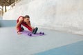 Woman. Fitness Workout For Flexibility On Yoga Mat At Outdoor Stadium. Sexy Girl In Fashion Sporty Outfit. Royalty Free Stock Photo