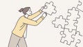 Woman fitting a puzzle piece, symbolizing problem-solving and focus. vector design Generative AI Royalty Free Stock Photo