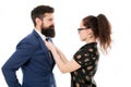 Woman fix her man bowtie. formal business couple. business with personal assistant. elegant woman fixing her lovers Royalty Free Stock Photo