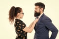 Woman fix her man bowtie. formal business couple. business with personal assistant. elegant sexy woman fixing her lovers Royalty Free Stock Photo