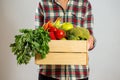 Woman in flannel shirt holding box with fresh fruit and vegetable Royalty Free Stock Photo