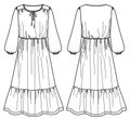 woman flared round neck long dress technical drawing