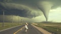 Woman fleeing tornado on asphalt road, under turbulent sky Royalty Free Stock Photo