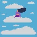 Woman flies in the clouds. Flat design