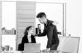 Woman flirting with guy coworker. Woman attractive lady with man colleague. Office collective concept. Flirting at