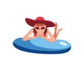 Woman float on air mattress. Fun female character with hat. Young lady swimming on inflatable ring. Summertime flat