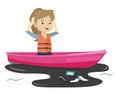 Woman floating in a boat in polluted water. Royalty Free Stock Photo