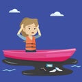 Woman floating in a boat in polluted water. Royalty Free Stock Photo