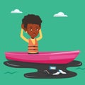 Woman floating in a boat in polluted water. Royalty Free Stock Photo