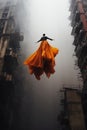 Woman floating i misty city