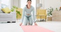 Woman, floor and yoga mat for start in home with thinking, ideas and ready for fitness in living room. Girl, training