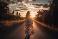 Woman floral dress road. Generate Ai Royalty Free Stock Photo