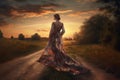 Woman floral dress sunset. Generate Ai Royalty Free Stock Photo