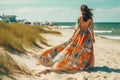 woman summer sea beach person lifestyle dress girl beautiful fashion hippie. Generative AI. Royalty Free Stock Photo