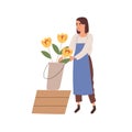 Woman florist in apron care of yellow flowers in bucket vector flat illustration. Female floral vendor with blooming