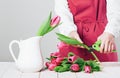 Woman or florist cuts a tulip stem a bunch of red tulips