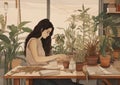 woman indoor pot botanist houseplant hobby florist character entrepreneur flower gardener. Generative AI.