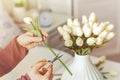 Woman florist cutting stem of tulips flowers with scissors and putting in vase on coffee table. Composing bouque.