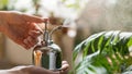 Woman florist spraying houseplant by vintage steel water sprayer at garden home/greenhouse, taking care of plants