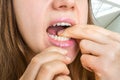 Woman flossing teeth with dental floss Royalty Free Stock Photo