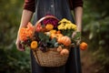 Woman flower agriculture gardener plant picking farmer working basket organic watering Royalty Free Stock Photo