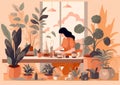 hobby woman houseplant happy gardener botanist entrepreneur indoor pot florist flower. Generative AI.