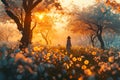 Woman in Flower Field at Golden Sunrise.