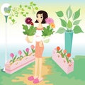 woman in flower garden with pots. Vector illustration decorative design Royalty Free Stock Photo